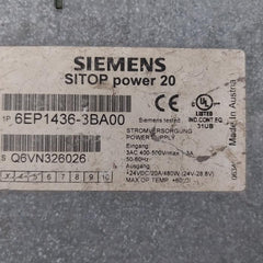 Siemens 6Ep1436-3Ba00 Sitop Power 20 Stabilized Power Supply 24Vdc/20A/480W