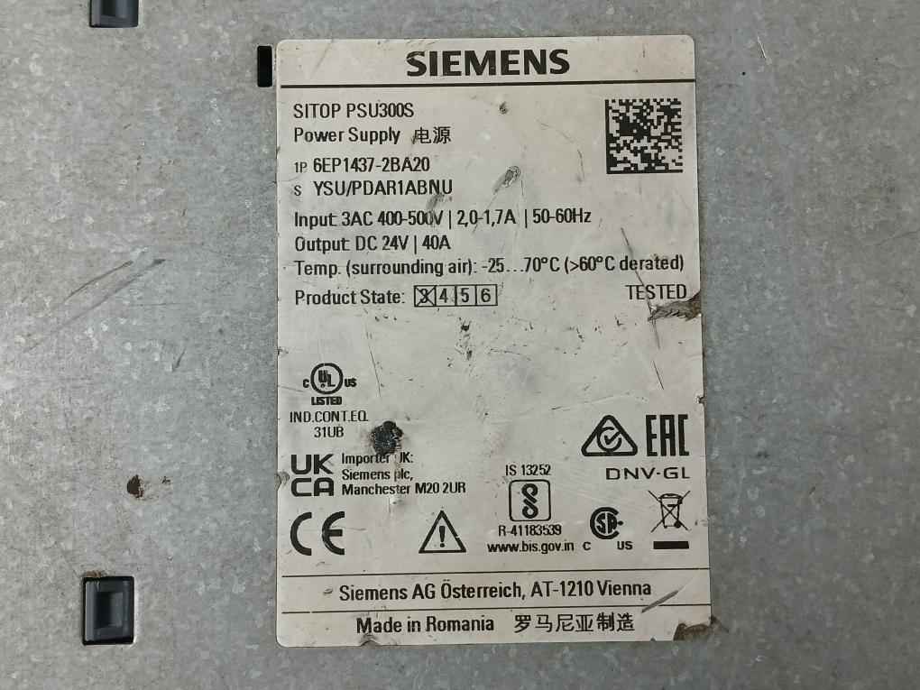 Siemens 6Ep1437-2Ba20 Power Supply 3Ac 400-500V|2,0-1,7A| 50-60Hz