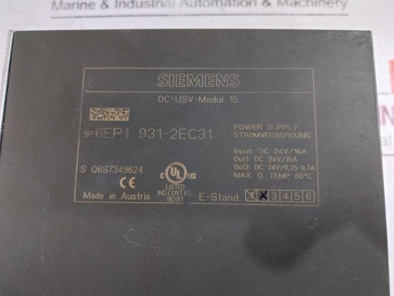 Siemens 6Ep1 931-2Ec31 Sitop Dc-usv Module 15 Power Supply Dc 24V/16A