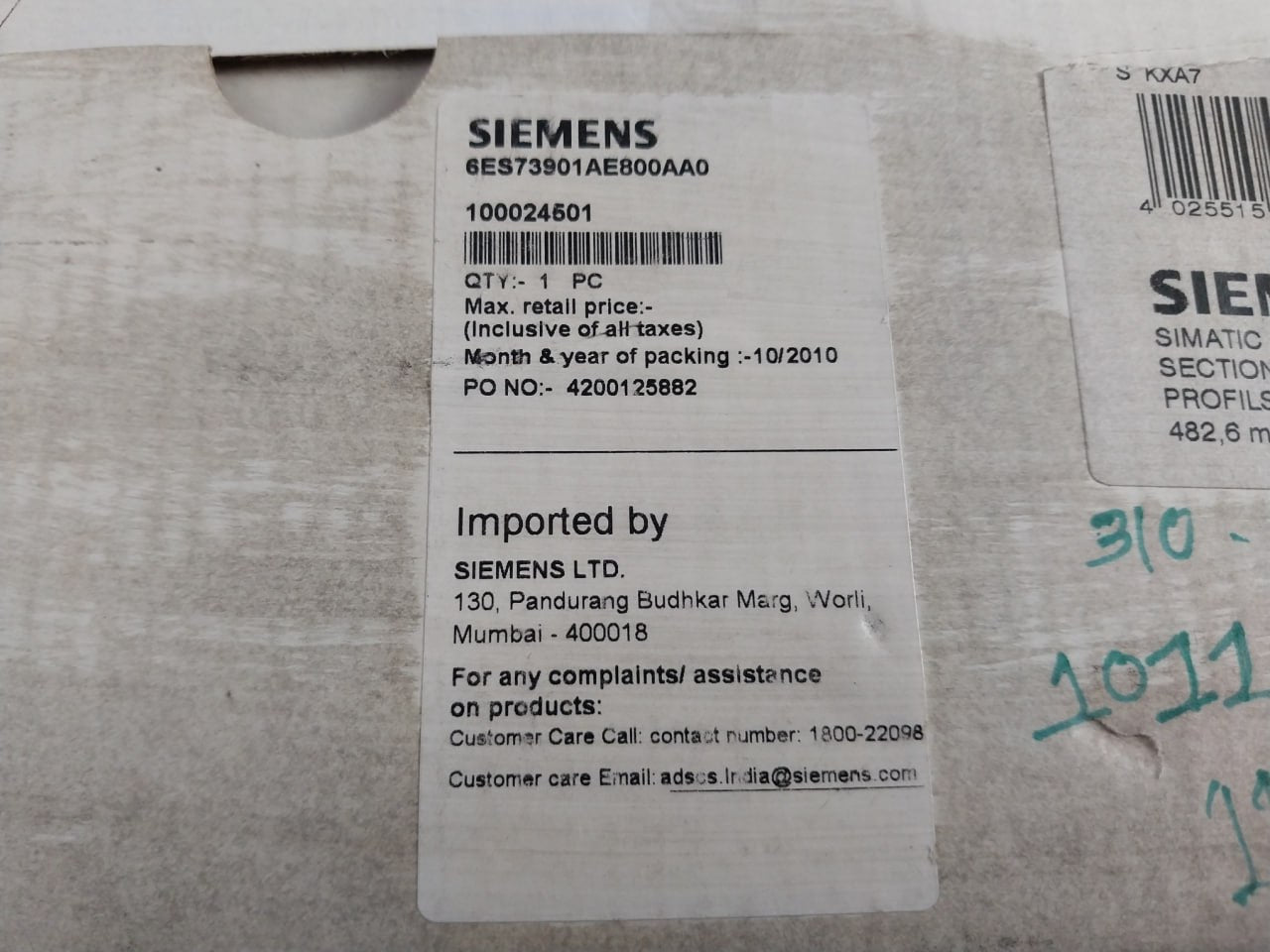 Siemens 6Es73901Ae800Aa0 Mounting Rail