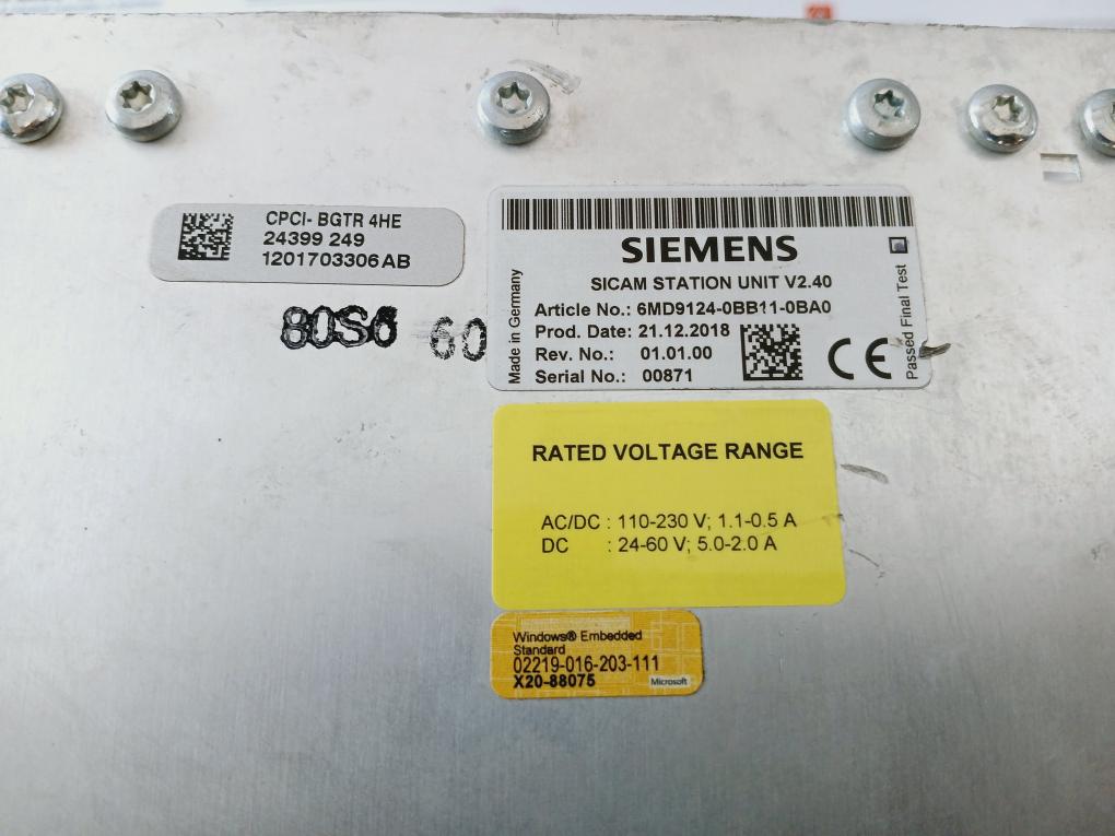 Siemens 6Md9124-0Bb11-0Ba0 Sicam Station Unit V2.40, 110-230V 1.1-0.5A