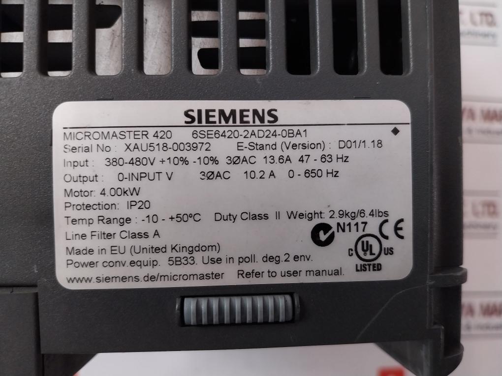 Siemens 6Se6420-2Ad24-0Ba1 Micromaster 10.2A 0-650Hz