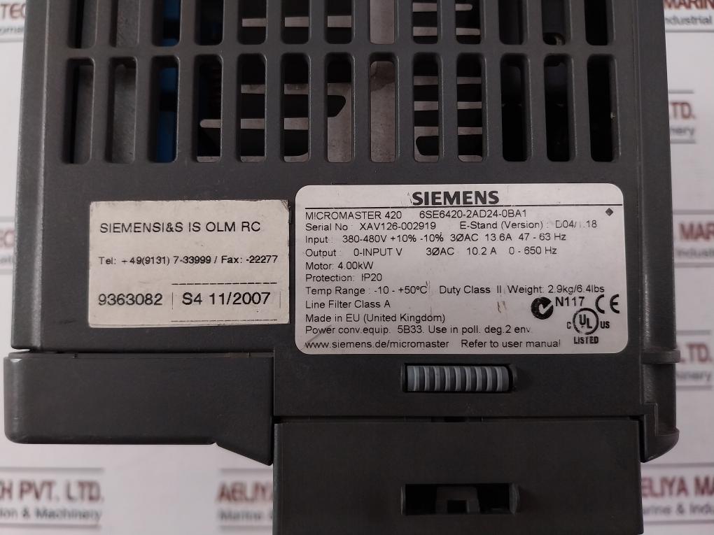 Siemens 6Se6420-2Ad24-0Ba1 Micromaster 420 Drive 380-480V 13.6A 47-63Hz