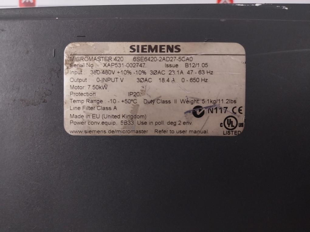 Siemens 6Se6420-2Ad27-5Ca0 Micromaster 380-480V