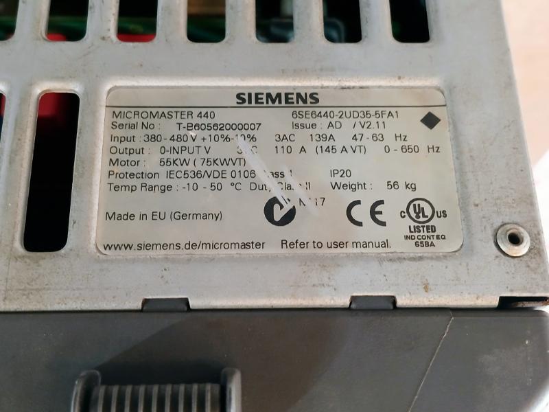 Siemens 6Se6440-2Ud35-5Fa1 Micromaster 440 Frequency Converter V2.11 55 Kw Ip20