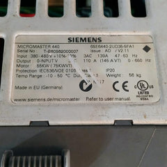 Siemens 6Se6440-2Ud35-5Fa1 Micromaster 440 Frequency Converter V2.11 55 Kw Ip20