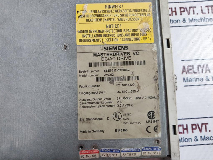 Siemens 6Se7012-0Tp60-z Masterdrive Vc Dc/Ac Drive Z=G92