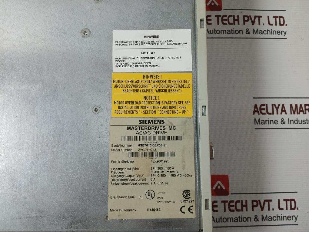 Siemens 6Se7013-0Ep50-z Masterdrives Mc Ac/Ac Drive 3Ph 0-380...480V 0-400Hz