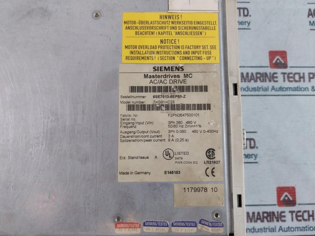 Siemens 6Se7013-0Ep50-z Masterdrives Mc Ac/Ac Drive Z=G91+C23