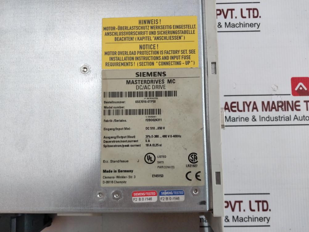 Siemens 6Se7016-0Tp50 Master Drive Motion Control Compact Plus Inverter 6A 480V