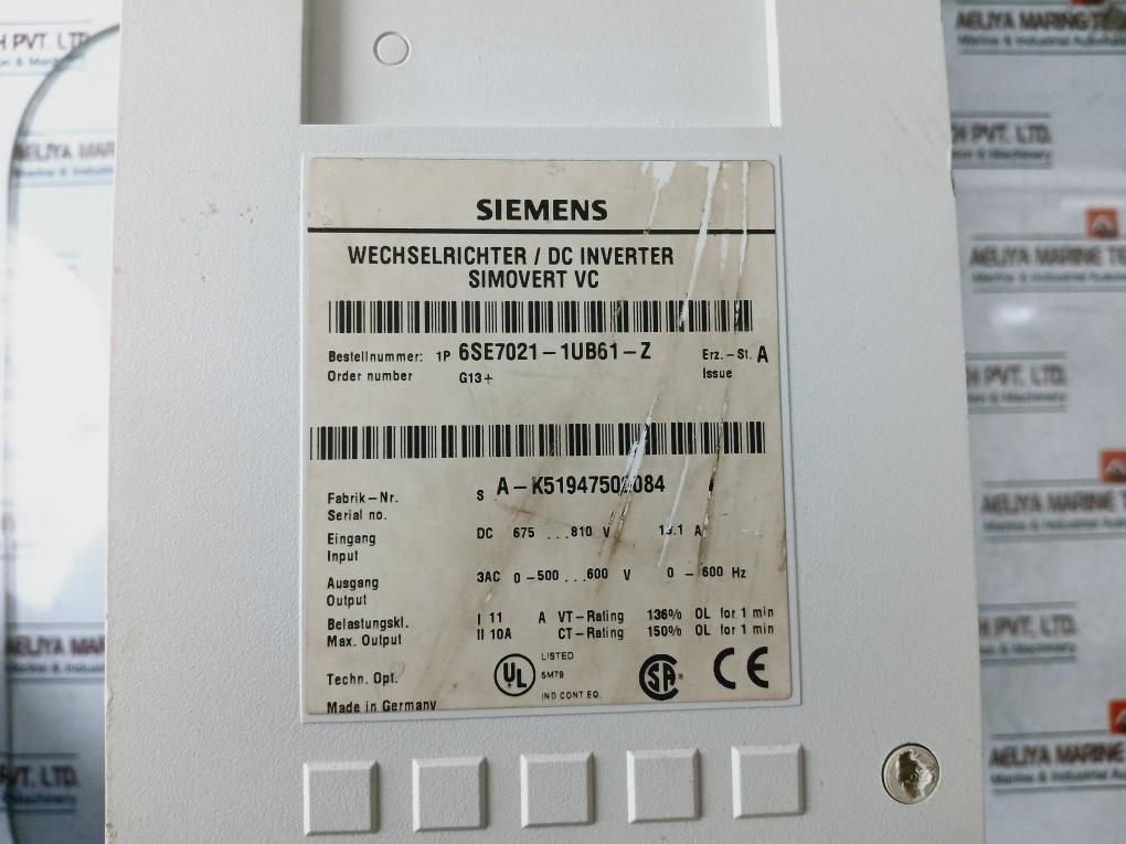 Siemens 6Se7021-1Ub61-z Simovert Vc Dc Inverter Dc 675…810V 19.1A