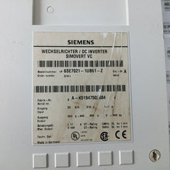 Siemens 6Se7021-1Ub61-z Simovert Vc Dc Inverter Dc 675…810V 19.1A
