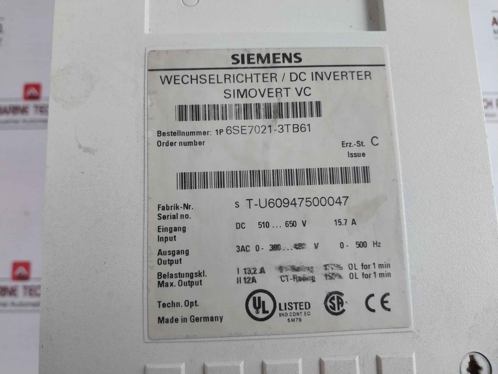 Siemens 6Se7021-3Tb61 Simovert Vc Dc Inverter Masterdrive Issue C (Not Working)
