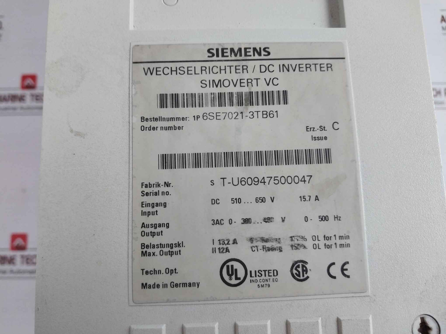 Siemens 6Se7021-3Tb61 Simovert Vc Dc Inverter Masterdrive Issue C (Not Working)