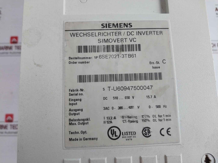 Siemens 6Se7021-3Tb61 Simovert Vc Dc Inverter Masterdrive Issue C (Not Working)