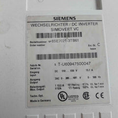 Siemens 6Se7021-3Tb61 Simovert Vc Dc Inverter Masterdrive Issue C (Not Working)