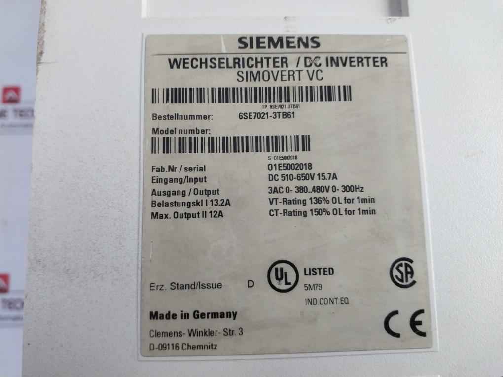 Siemens 6Se7021-3Tb61 Simovert Vc Dc Inverter Masterdrive Issue D (Not Working)