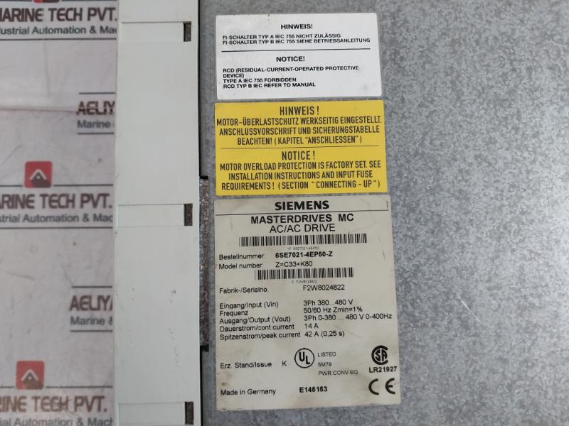 Siemens 6Se7021-4Ep50-z Masterdrives Mc Ac/Ac Drive Z=C33+K80