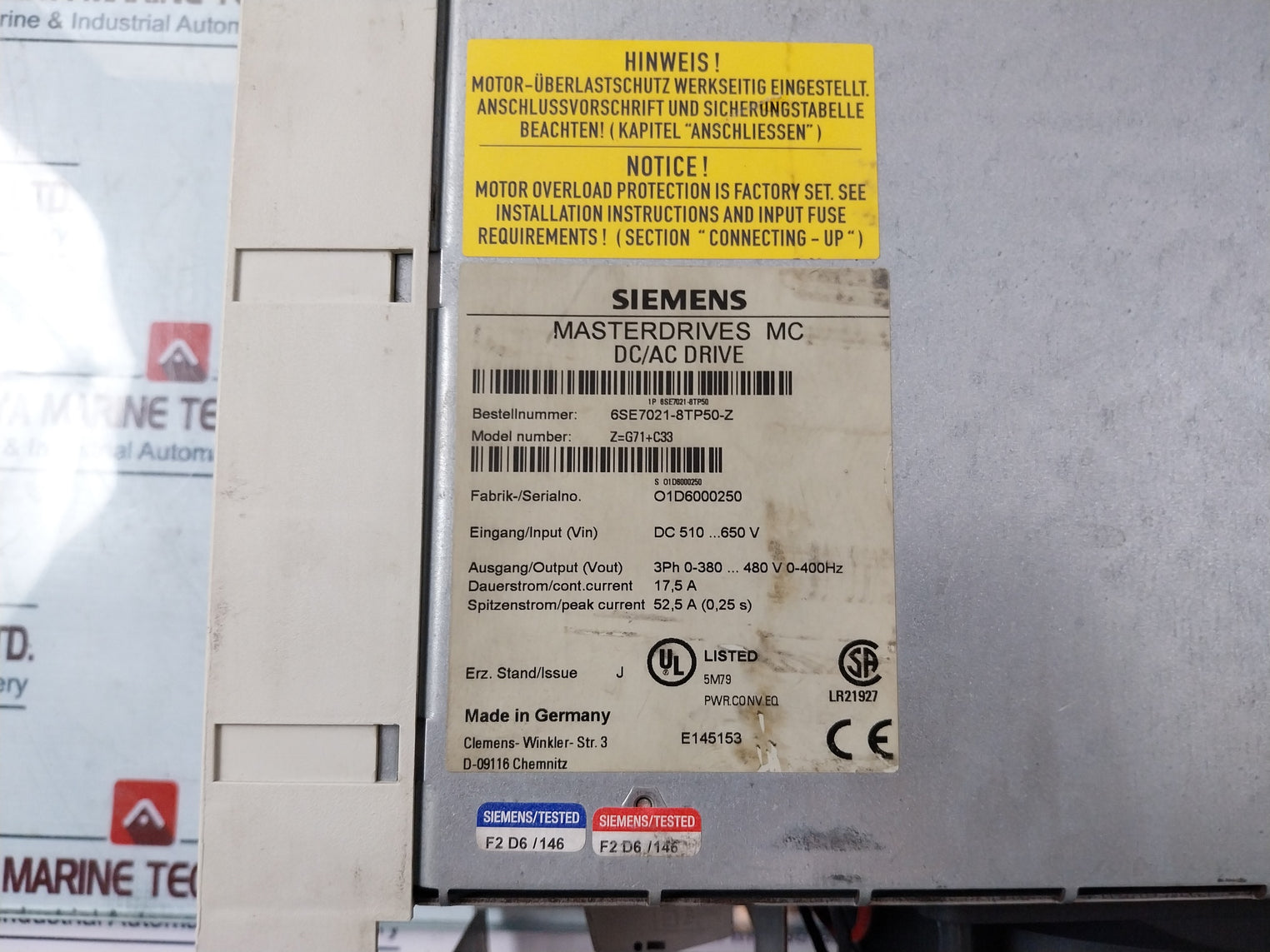 Siemens 6Se7021-8Tp50-z Masterdrives Mc Dc/Ac Drive G71+C33 Dc 510…650V