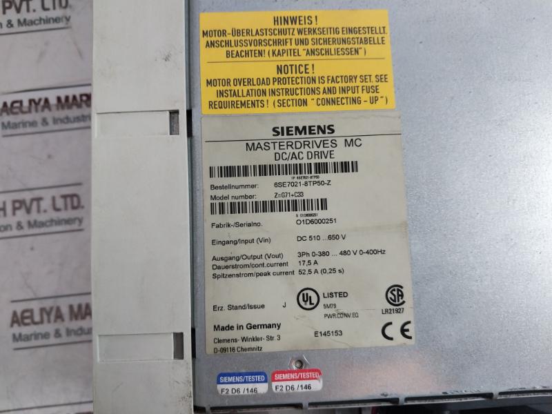 Siemens 6Se7021-8Tp50-z Masterdrives Mc Dc/Ac Drive Z=G71+C33