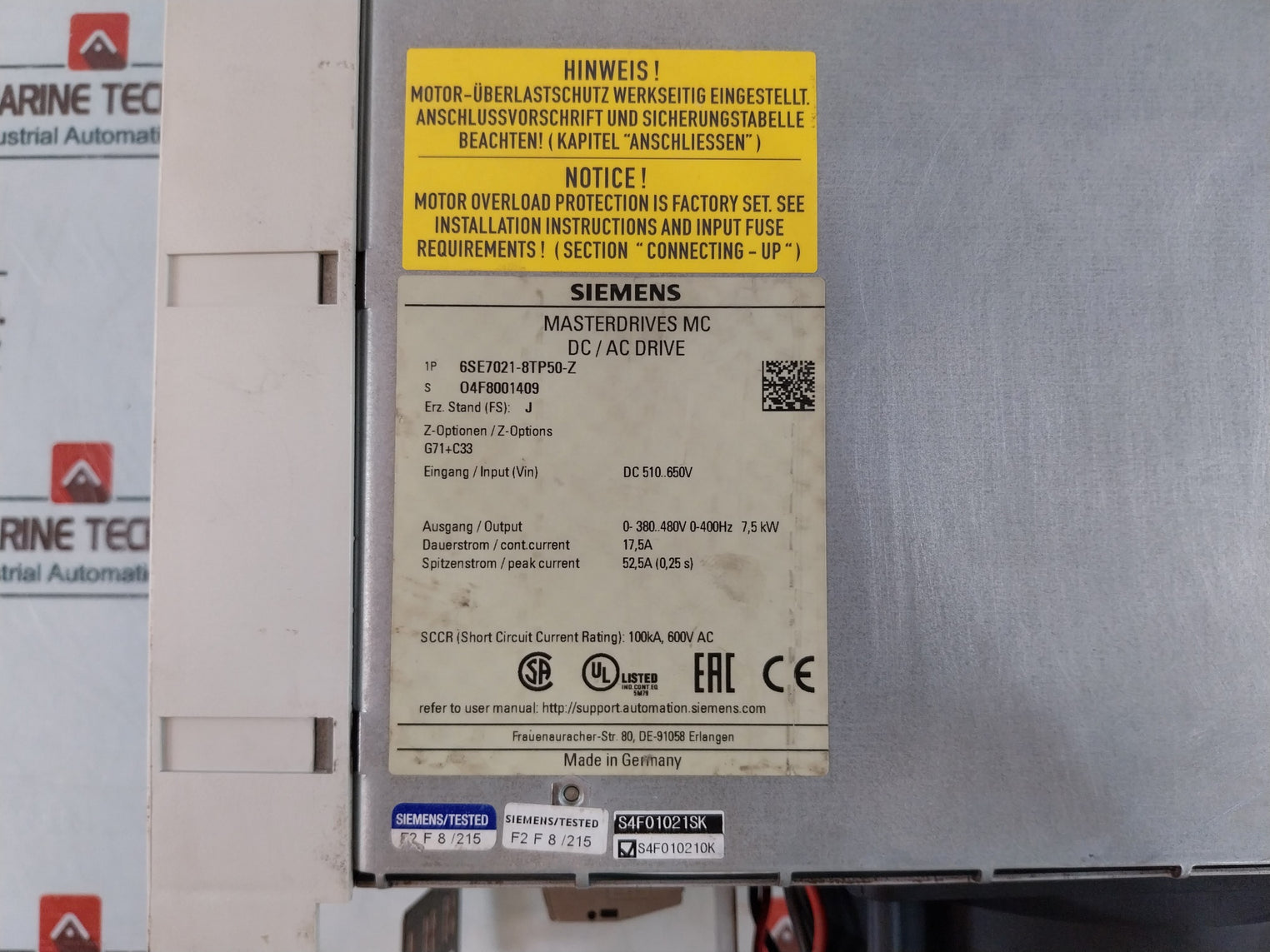 Siemens 6Se7021-8Tp50 Masterdrive Mc Dc/Ac Drive G71+C33 Dc 510…650V