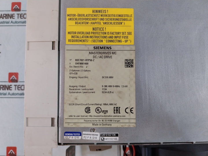 Siemens 6Se7021-8Tp50 Masterdrive Mc Dc/Ac Drive G71+C33 Dc 510…650V