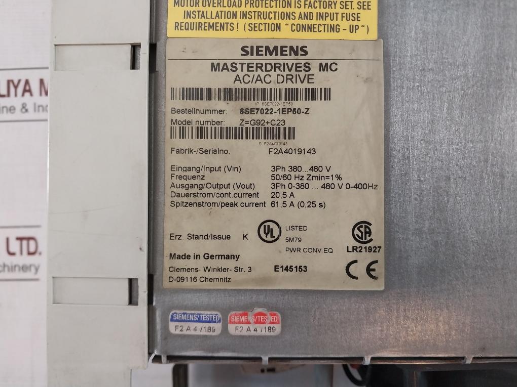 Siemens 6Se7022-1Ep50-z Ac Drive 3Ph 380-480V 0-400Hz