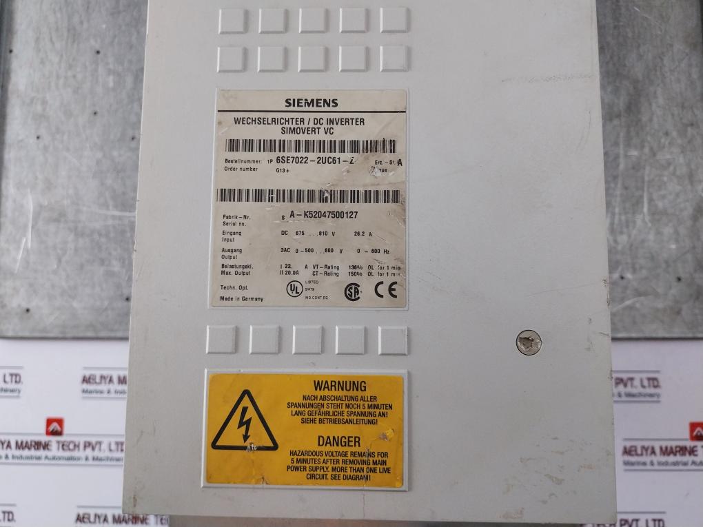 Siemens 6Se7022-2Uc61-z, Simovert Vc, Dc Inverter Ac Drive 675…810Vdc 26.2A