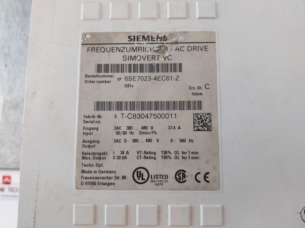 Siemens 6Se7023-4Ec61-z Simovert Masterdrive Vc Converter 3Ac 380…480 V 37.4 A