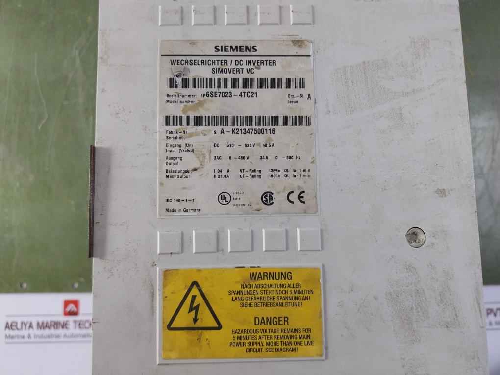 Siemens 6Se7023-4Tc21 Simovert Vc Dc Inverter Dc 510-620V 40.5A (Not Working)