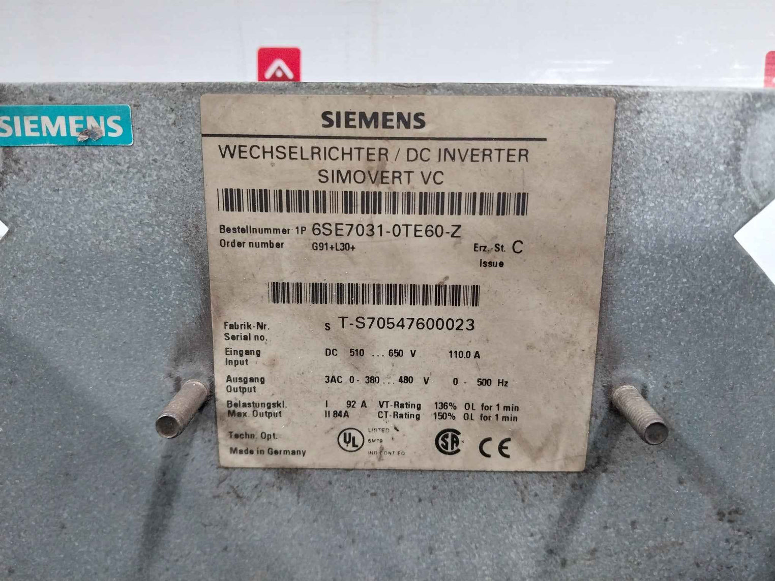 Siemens 6Se7031-0Te60-z G91+L30+ Simovert Vc Dc Inverter Masterdrive Issue C
