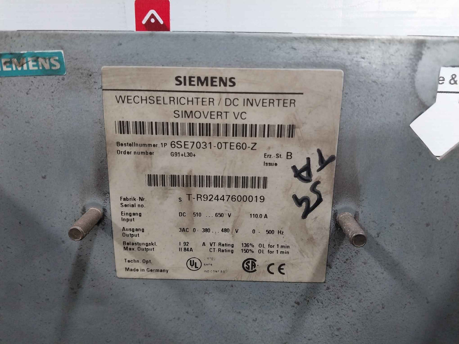 Siemens 6Se7031-0Te60-z G91+L30+ Simovert Vc Dc Masterdrive Dc 510-650V 110.0A