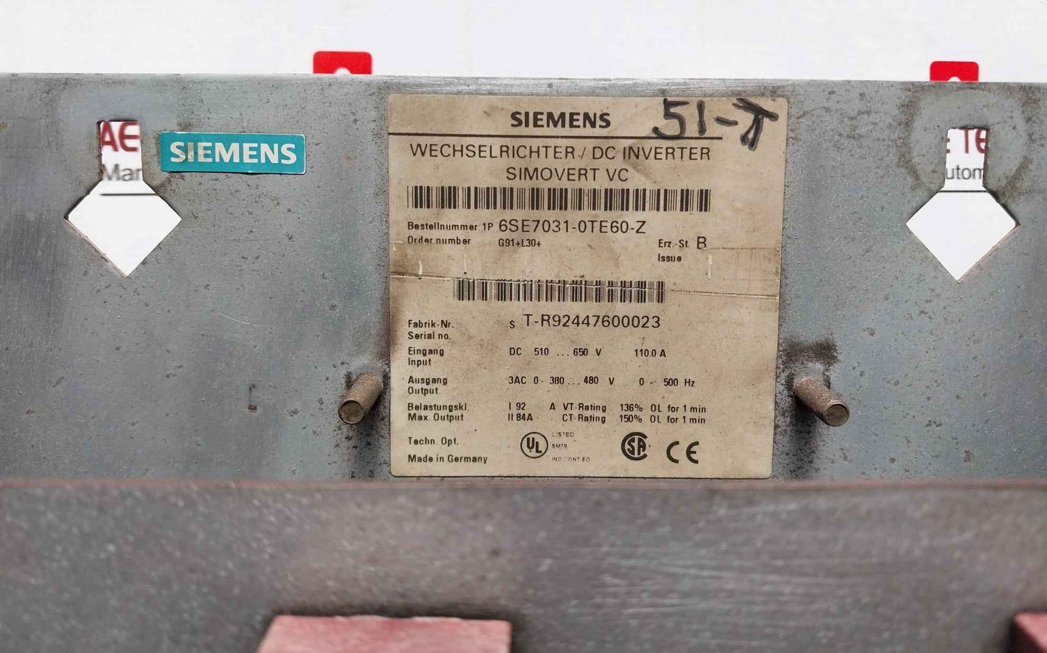 Siemens 6Se7031-0Te60-z Simovert Vc Dc Inverter G91+L30+ Dc510-650V 110.0A 160A
