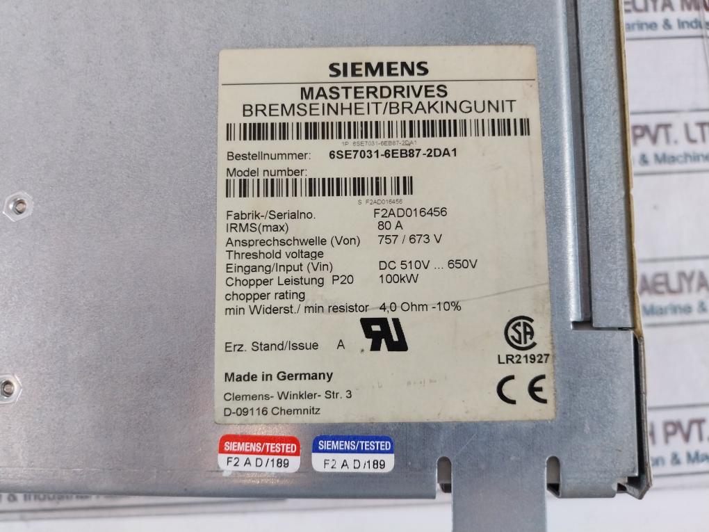 Siemens 6Se7031-6Eb87-2Da1 Braking Unit Input Dc 510V…650V