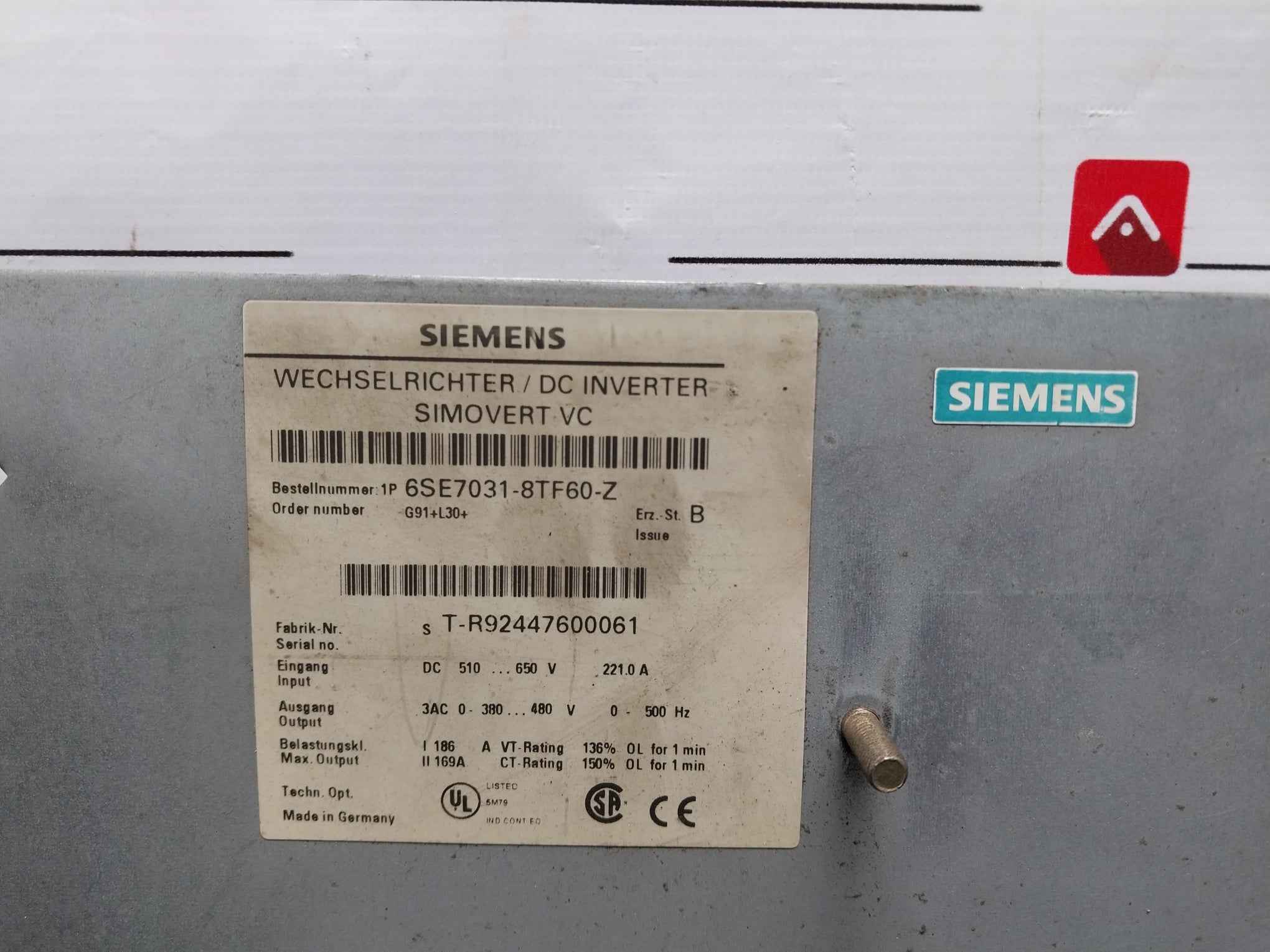 Siemens 6Se7031-8Tf60-z Simovert Vc Dc Inverter Drive Dc510-650V 221.0A 0-500Hz