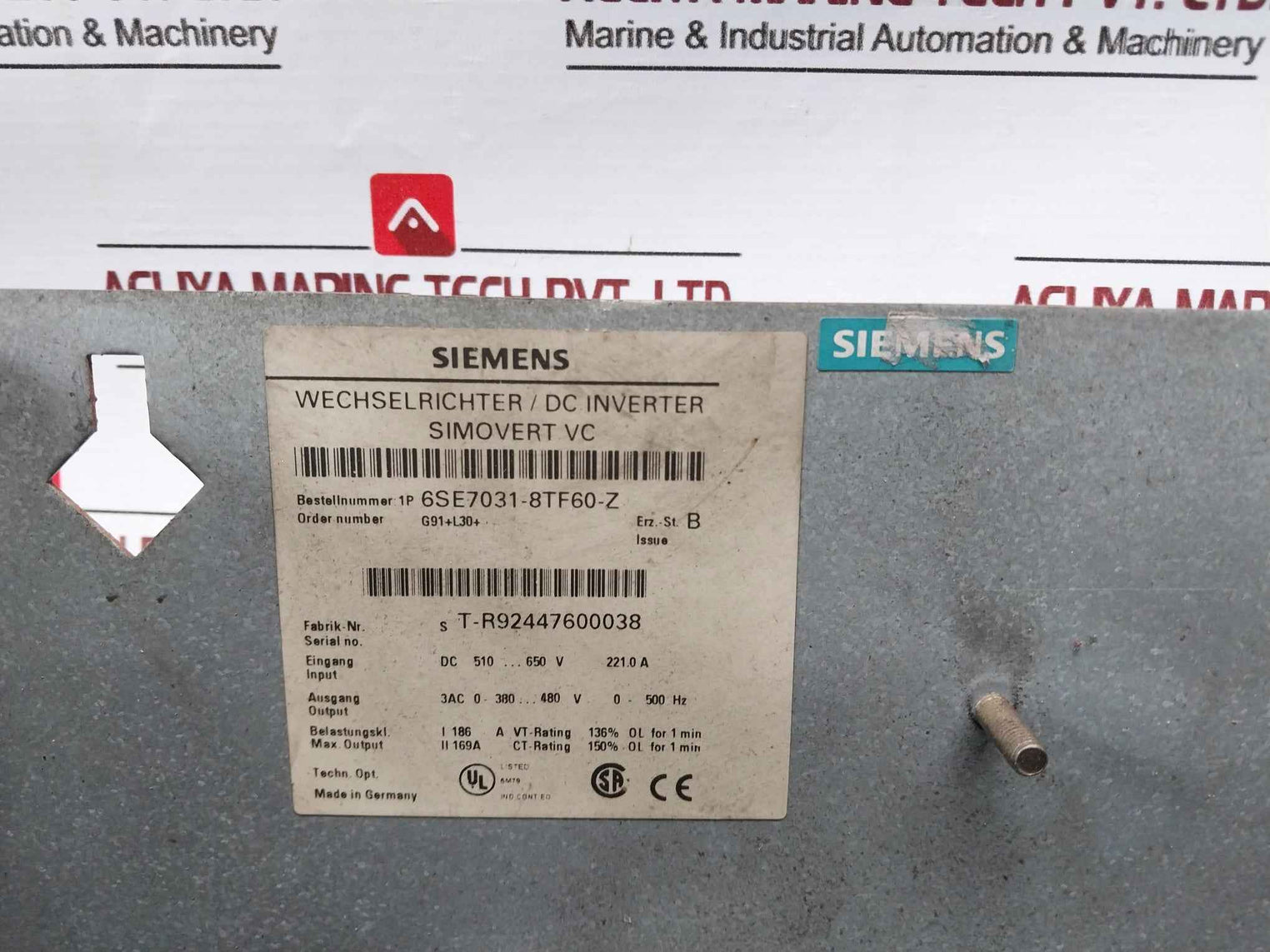 Siemens 6Se7031-8Tf60-z Simovert Vc Dc Inverter Drive Dc510-650V 221.0A 100Ka