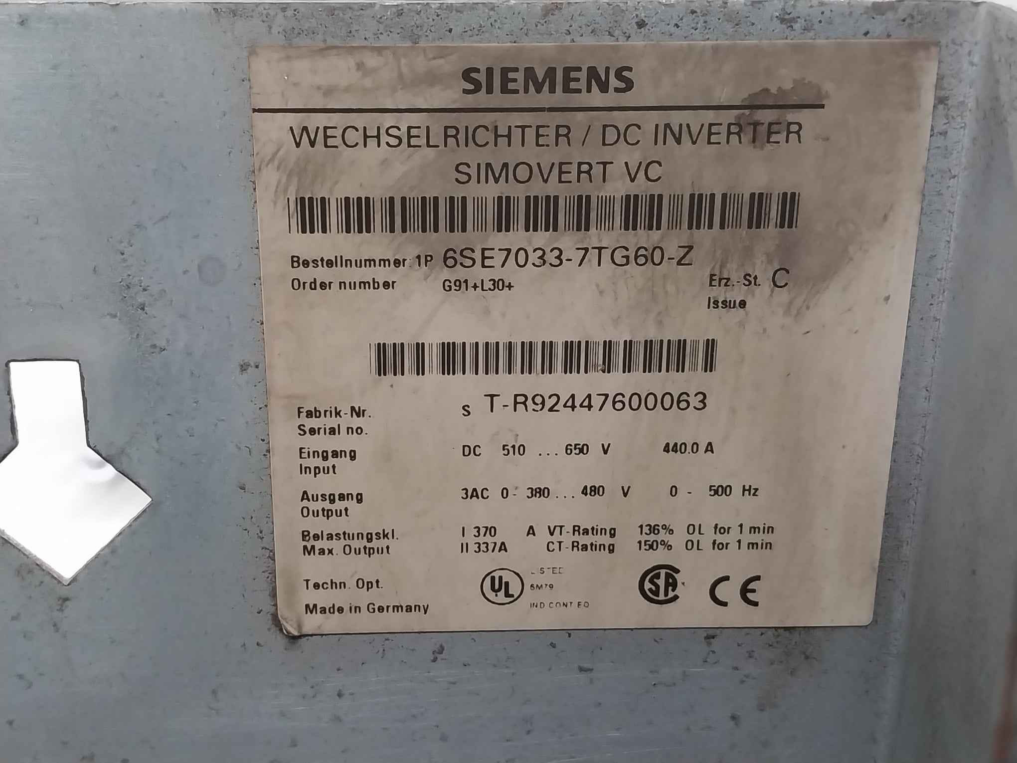 Siemens 6Se7033-7Tg60-z Simovert Vc Dc Inverter Masterdrive Dc 510-650V 440.0 A