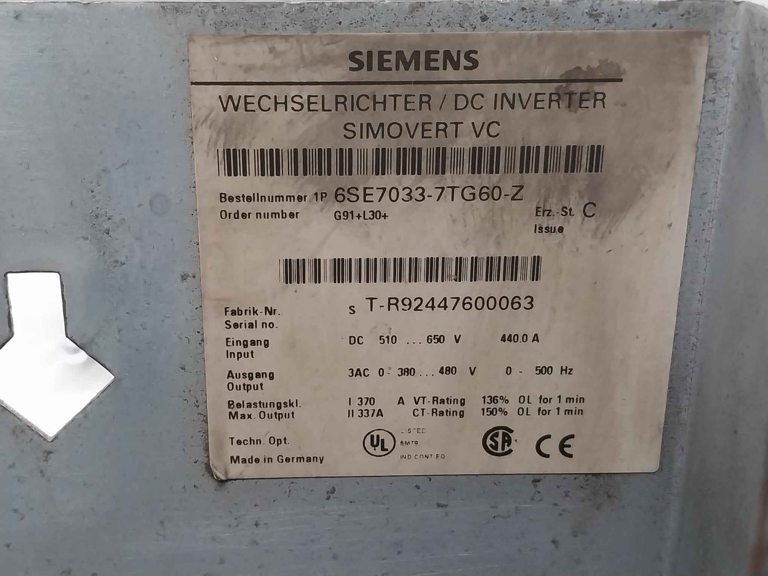 Siemens 6Se7033-7Tg60-z Simovert Vc Dc Inverter Masterdrive Dc 510-650V 440.0 A
