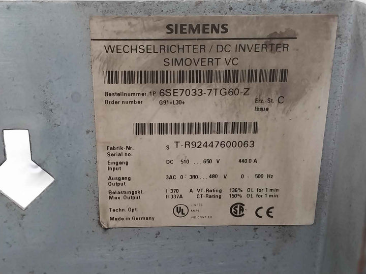 Siemens 6Se7033-7Tg60-z Simovert Vc Dc Inverter Masterdrive Dc 510-650V 440.0 A