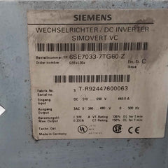 Siemens 6Se7033-7Tg60-z Simovert Vc Dc Inverter Masterdrive Dc 510-650V 440.0 A