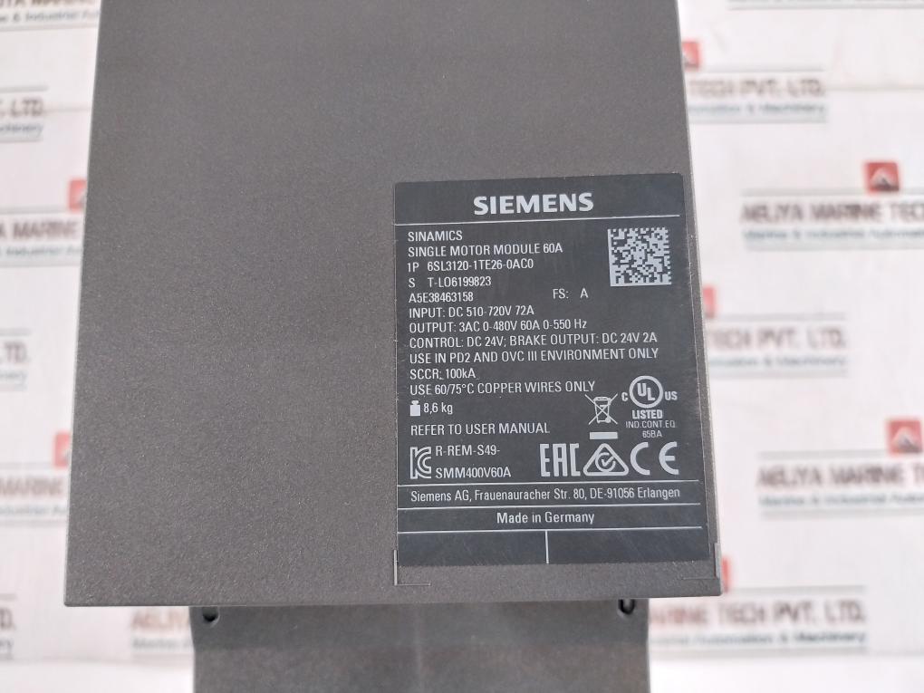 Siemens Sinamics 6Sl3120-1Te26-0Ac0 Single Motor Module Dc 510-720V 72A 100Ka