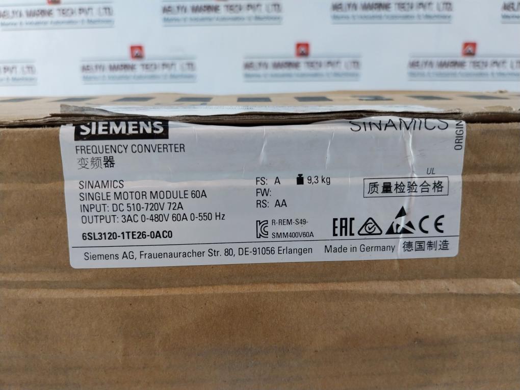 Siemens Sinamics 6Sl3120-1Te26-0Ac0 Single Motor Module Dc 510-720V 72A 100Ka