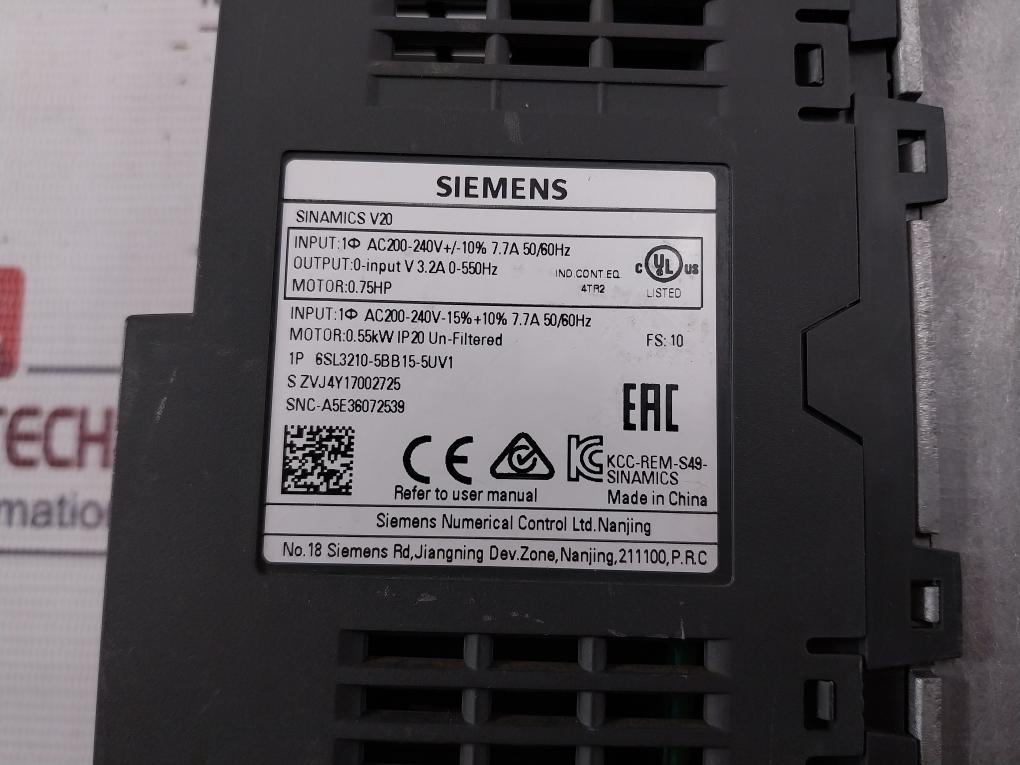 Siemens 6Sl3210-5Bb15-5Uv1 Uss/Modbus Rtu W/ Built-in Bop Protection