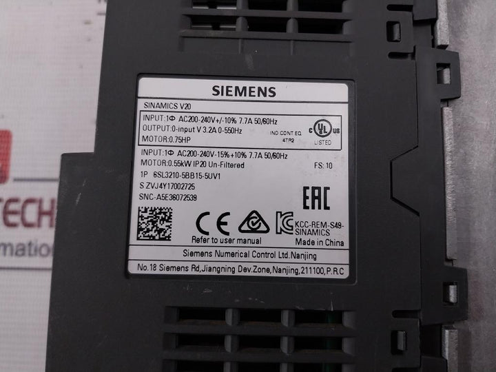 Siemens 6Sl3210-5Bb15-5Uv1 Uss/Modbus Rtu W/ Built-in Bop Protection