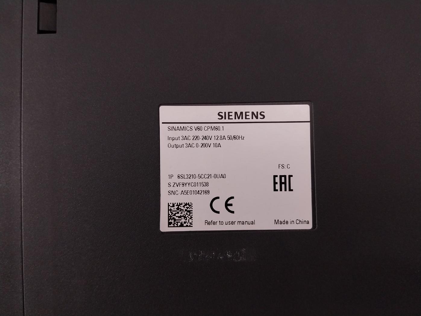 Siemens 6Sl3210-5Cc21-0Ua0 Sinamics Controlled Power Module V60 Cpm60.1 0-200V&nbsp;