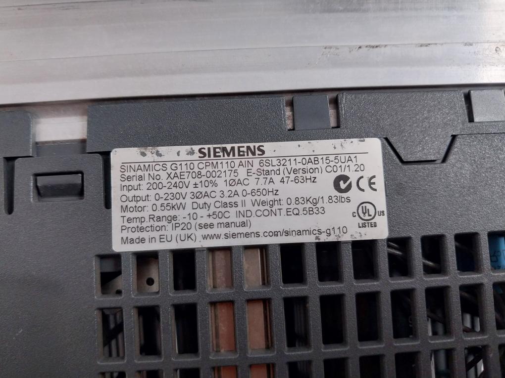 Siemens 6Sl3211-0Ab15-5Ua1 Ac Drive 7.7A 47-63Hz 200-240V Ip20 C01/1.20