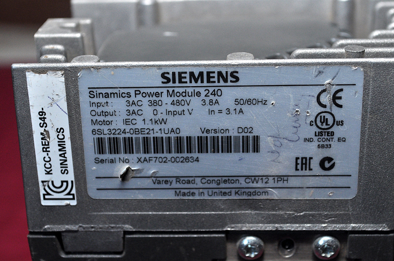 Siemens 6Sl3224-0Be21-1Ua0 Sinamics Pm240 Power Module Ver D02 Iec 1.1 Kw