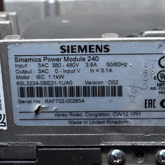 Siemens 6Sl3224-0Be21-1Ua0 Sinamics Pm240 Power Module Ver D02 Iec 1.1 Kw
