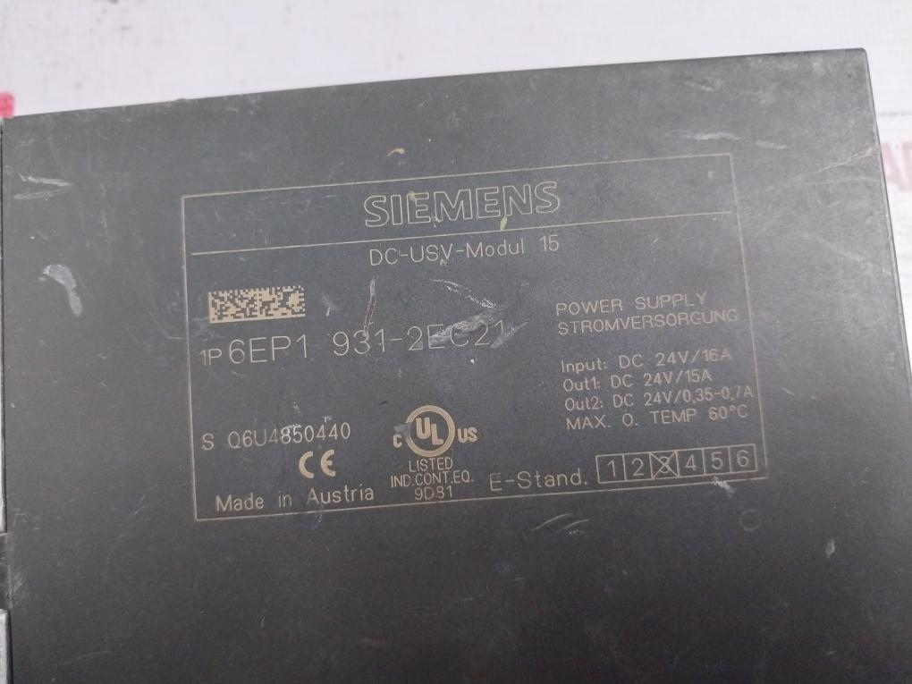 Siemens 6ep1 931-2ec21 Power Supply Module Dc 24v/16a