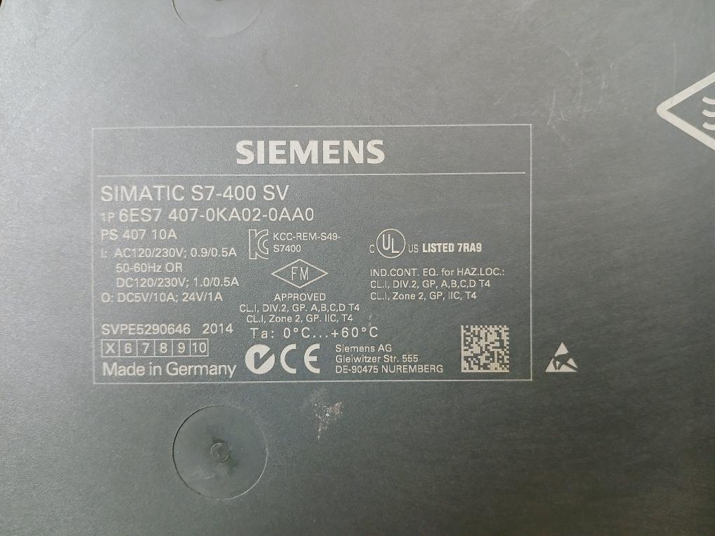 Siemens Simatic S7-400 6Es7 407-0Ka02-0Aa0 Power Supply Ac/Dc 10A